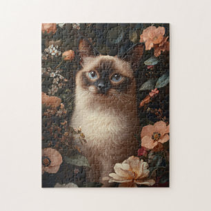 Katt av siamesisk Rosa, omgiven av  blommor Pussel