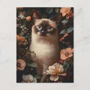 Katt av siamesisk Rosa, omgiven av blommor Vykort