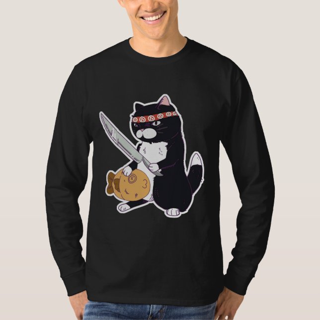 Katt av sushi med Knivar med sushi-katt med fisk T Shirt (Framsida)