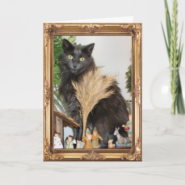 Katt bak nativityuppsättningen helgkort (Framsida)