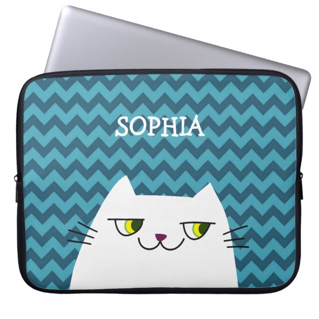 Katt Bärbar Datormössa Monogram Blå Chevron Söt Laptop Fodral (Framsidan)