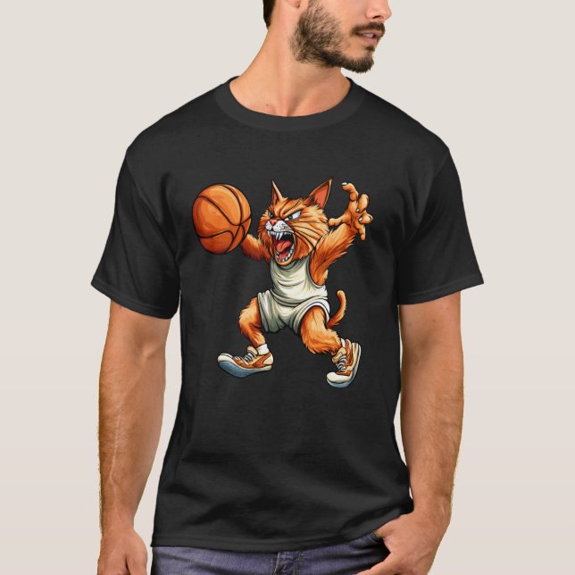 Katt basketbollbasketbollspelare katt t shirt (Framsida)