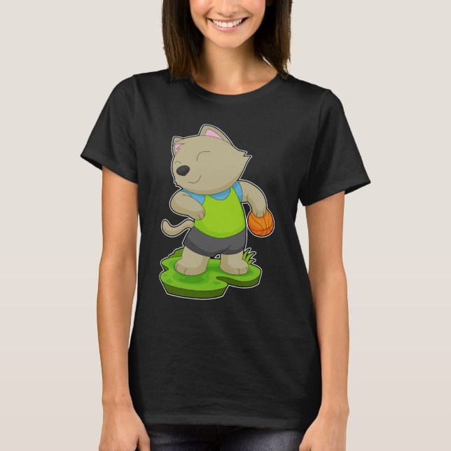 Katt Basketspelare Basket T Shirt (Framsida)