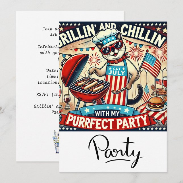KATT BBQ-fest 4 juli självständighetsdag  Inbjudningar (Fram/baksida)