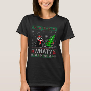 Katt: Black Cat Pushing Julgran Ugly XM T Shirt