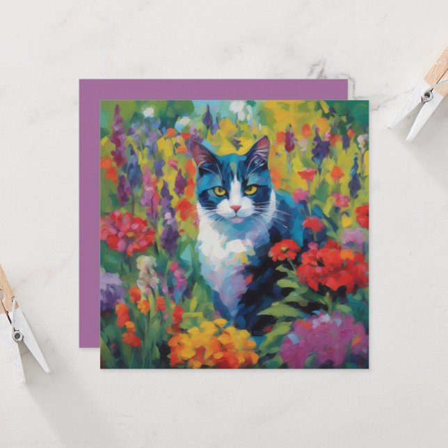 Katt bland blommor välkomstkort kort (Fram/Back In Situ)