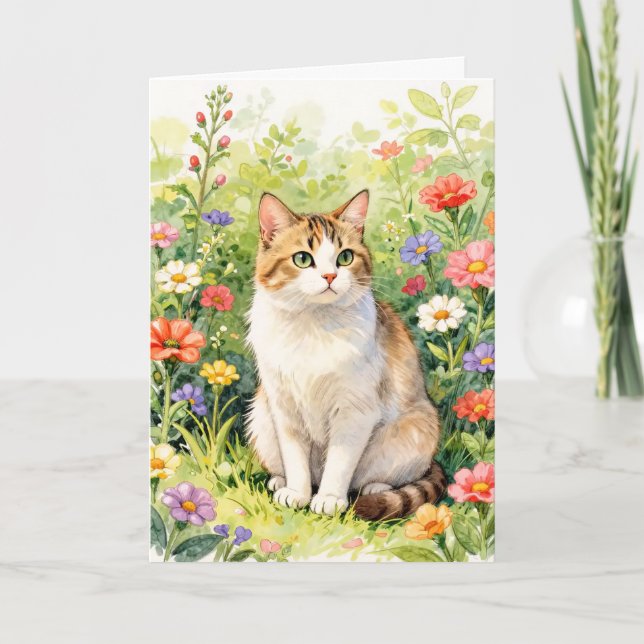 Katt bland vilda blommor välkomstkort kort (Framsida)
