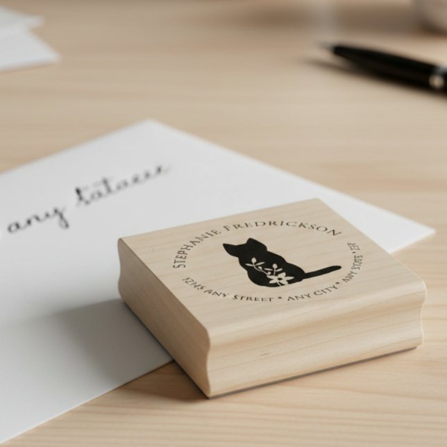 Katt & Blomma Returadress Gummistämpel Stämpel (Cat return address rubber stamp)