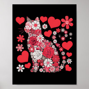 Katt Blommiga Hjärtan Romantiska Alla Hjärtans Dag Poster
