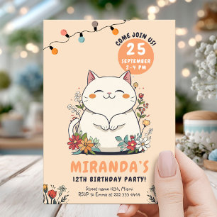 Katt-Blommigt Pastel Birthday Inbjudningar