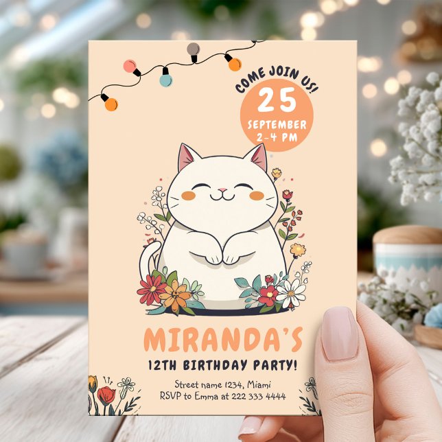 Katt-Blommigt Pastel Birthday Inbjudningar (Skapare uppladdad)