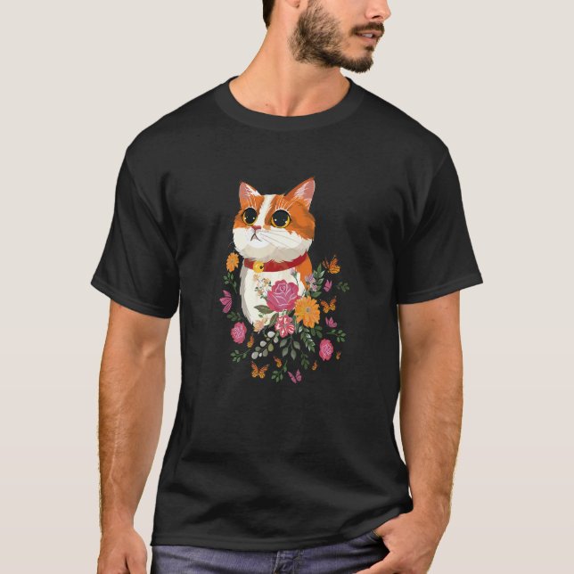 Katt Blommor Fjärilar Katt T Shirt (Framsida)