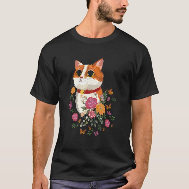 Katt Blommor Fjärilar Katt T Shirt (Framsida)
