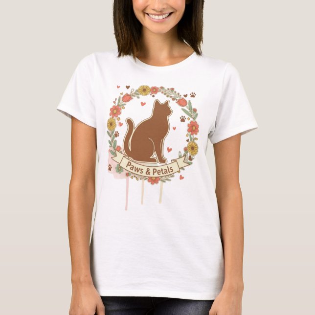 Katt & Blommor Katt Blommig Design T Shirt (Framsida)