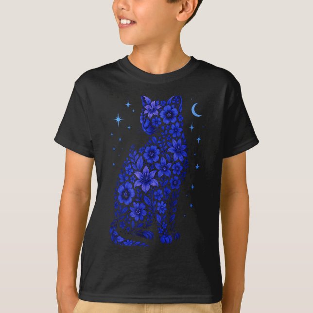 Katt Blommor Måne Stjärnor  T Shirt (Framsida)