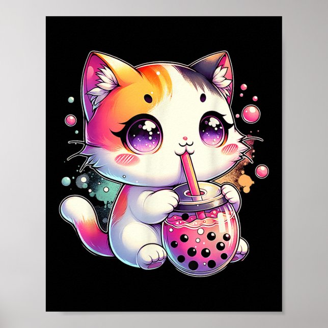 Katt Boba Te Anime Japansk Kawaii Neko Bubbletea Poster (Framsidan)