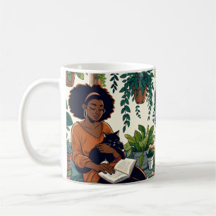 Katt, bok och växter för kvinnor kaffemugg