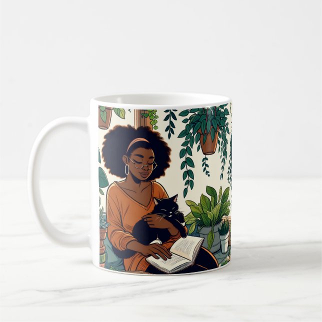 Katt, bok och växter för kvinnor kaffemugg (Vänster)