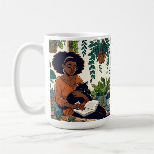Katt, bok och växter för kvinnor kaffemugg