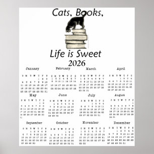 Katt, Bokar Life är Sweet 2026 One Page Calendar Poster