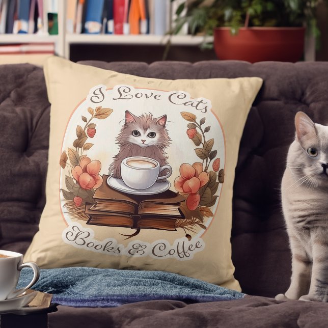 Katt, Bokar och kaffe, Cute Kitten Kudde (Skapare uppladdad)