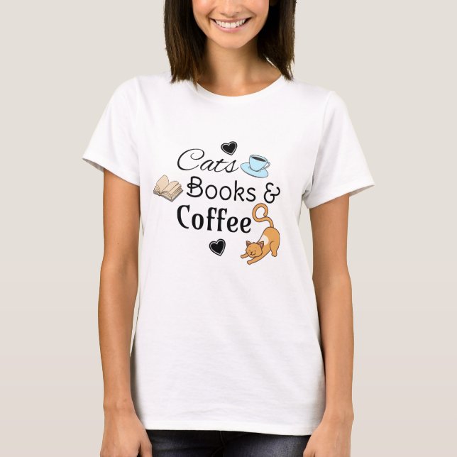 Katt, Bokar och kaffe Cute T Shirt (Framsida)