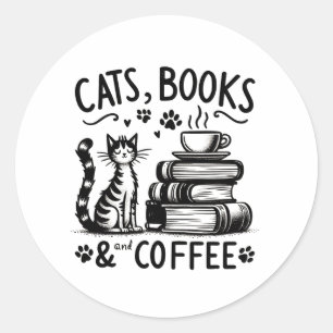 Katt, Bokar och kaffe Runt Klistermärke