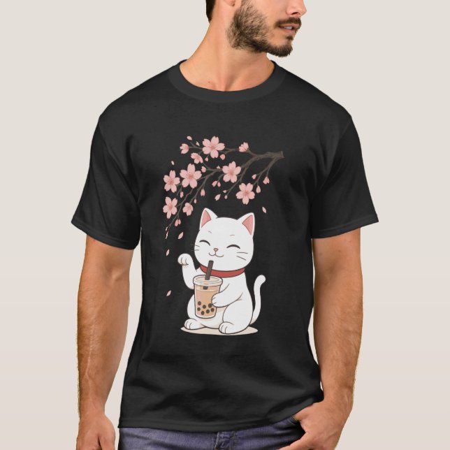 Katt Bubble Tea Körsbärsblomning T Shirt (Framsida)