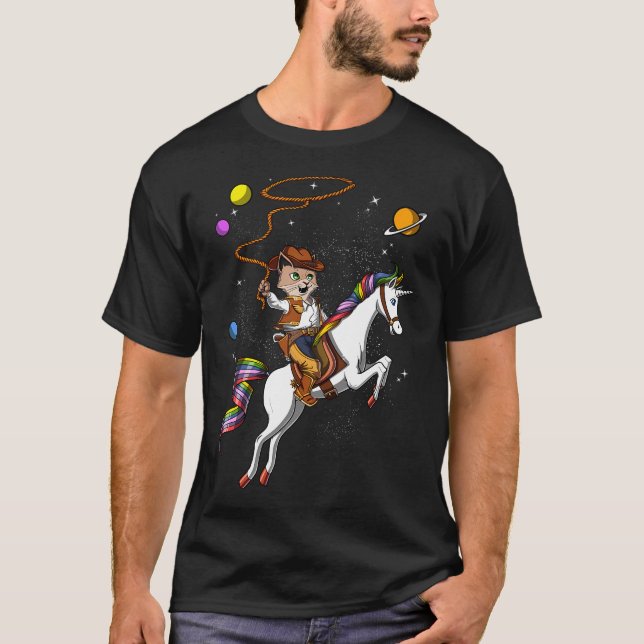 Katt Cowboy Ridande Enhörning T Shirt (Framsida)