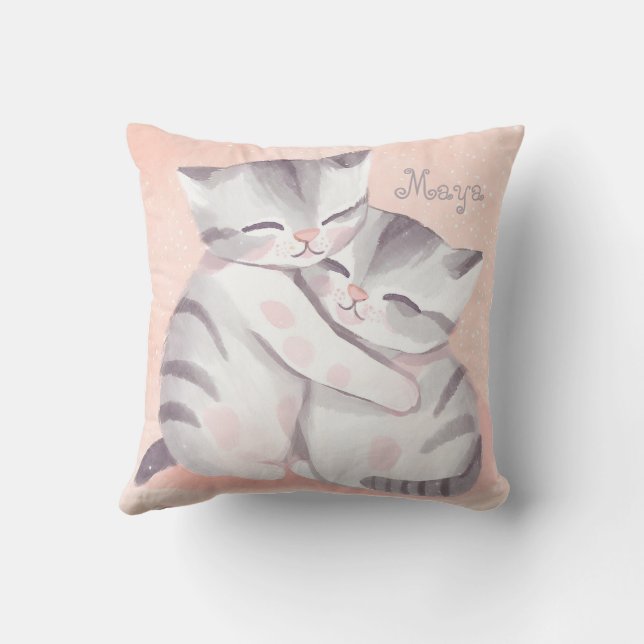 Katt Cuddling Pastel Rosa och Grått Vattenfärg Kudde (Baksida)