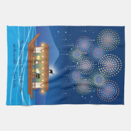 Katt Delight i Fireworks ombord på en husbåt Kökshandduk