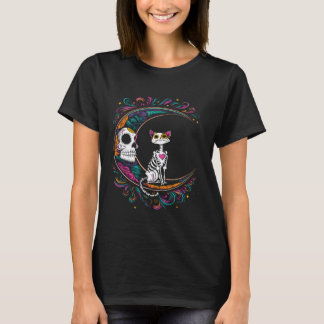 Katt Dia De Los Muertos Socker Skalle Halloween Ko T Shirt