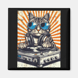 Katt Dj Hörlurar Skivspelare Vintage Musik Edm Män Magnet