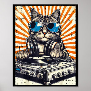 Katt DJ Hörlurar Skivspelare Vintage Musik Edm Män Poster
