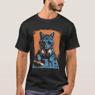 Katt Dj Hörlurar Skivspelare Vintage Musik EDM Män T Shirt