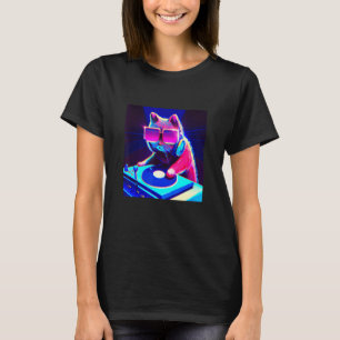 Katt DJ Vaporwave Estetik Män Pojkar Flickor Kvin T Shirt