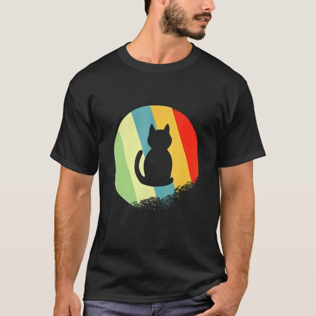 Katt Djur Rund Med Retro Färger T Shirt (Framsida)
