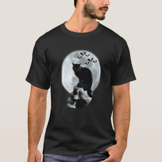 Katt & Dödskalle Månad Gothic Grafik Skräck Hallow T Shirt