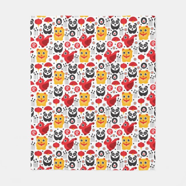 Katt, drake och panda för china lycklig fleecefilt (Framsidan)