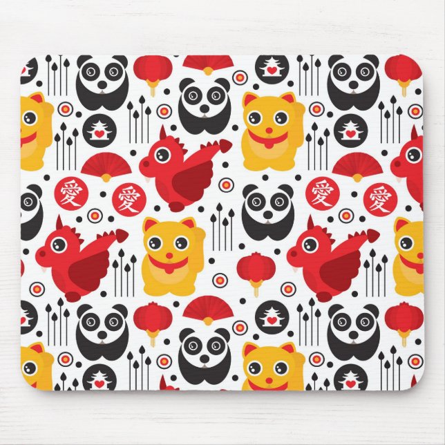 Katt, drake och panda för china lycklig musmatta (Framsidan)