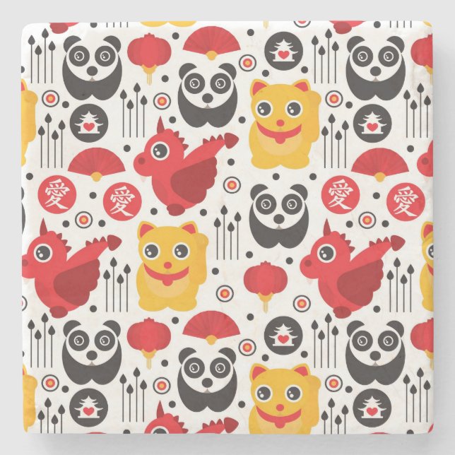 Katt, drake och panda för china lycklig stenunderlägg (Framsidan)