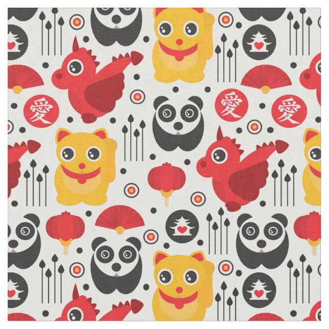 Katt, drake och panda för china lycklig tyg (Närbild)
