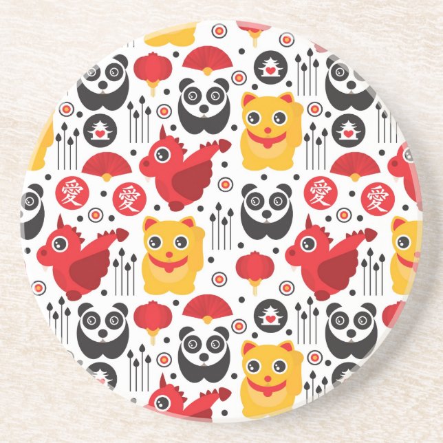 Katt, drake och panda för china lycklig underlägg sandsten (Framsidan)