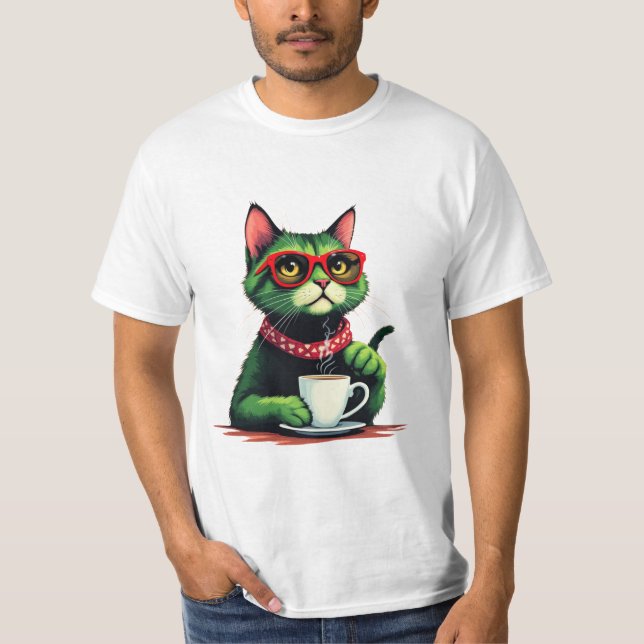 Katt dricka kaffe T-shirt (Framsida)