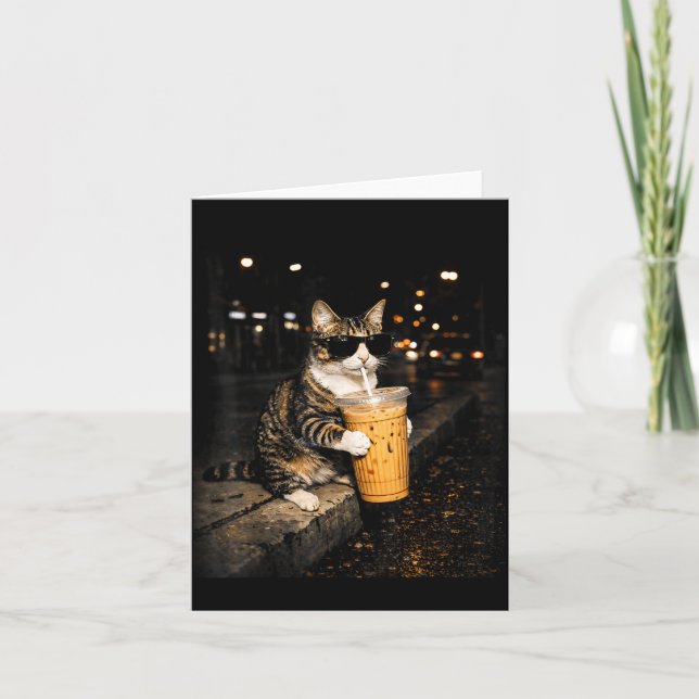 Katt dricker iskaffe rolig djur meme retro kort (Framsida)