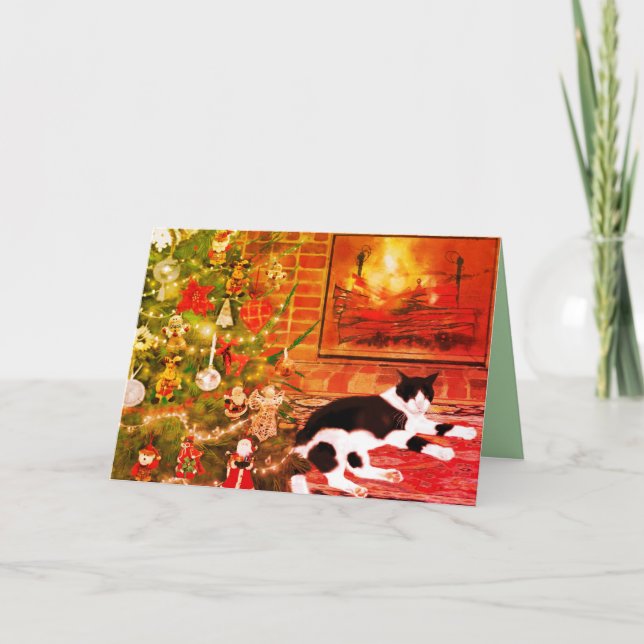 Katt Eldstad eld brinnande julgran ornament Helgkort (Framsida)