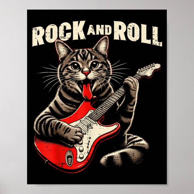 Katt Elgitarr Rock And Roll Rocker Kattunge Me Poster (Framsidan)