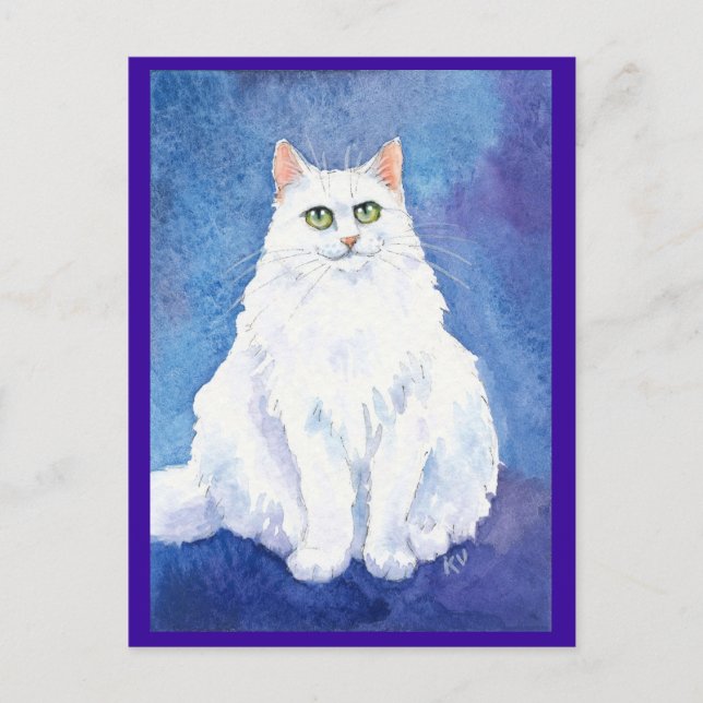 Katt- eller kattvykort för akut vit katt eller kat vykort (Framsida)