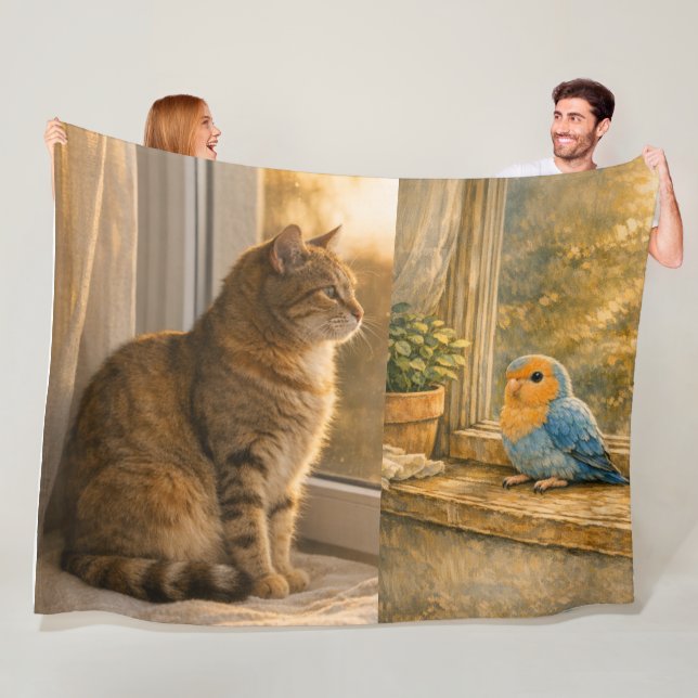 Katt & Fågel Fönsterkamrater Mysig Flanellfilt Fleecefilt (På plats)