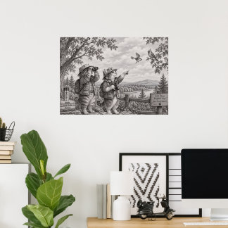 Katt fågelskådare blyertsteckning vilda djur affis poster
